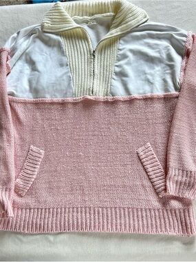Andthewhy Women's Pink and Cream Half-Zip Knit Mixed Media Sweater Sz XL